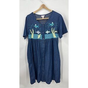 Go Softly vintage denim dress embroidered "sea life" or "fish" design M